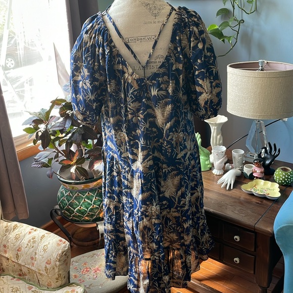 La Vie Rebecca Taylor 100% cotton blue and beige floral boho dress. XL - Picture 7 of 12